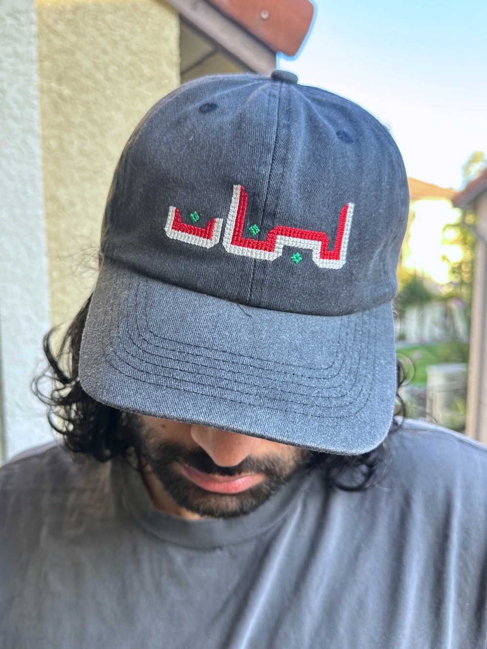 Dark Gray Cotton Baseball Hat: "Lebanon" in Arabic Embroidered